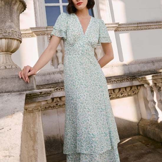 Lotta Gold Metallic Fil Coupé Maxi Dress - Green Yellow Trailing Feather Print