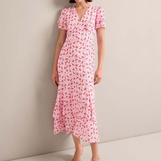 Lotta Gold Metallic Fil Coupé Maxi Dress - Pink Floral Trellis Print