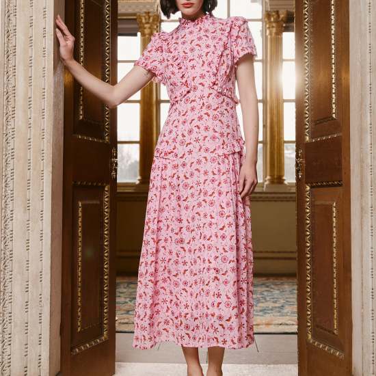 Mirabel Gold Metallic Fil Coupé Maxi Dress - Pink Floral Trellis Print