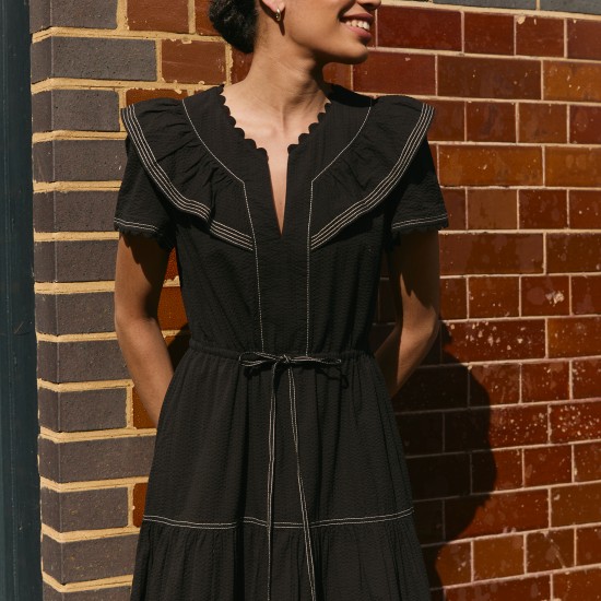 Nessa Cotton Seersucker Maxi Dress - Black