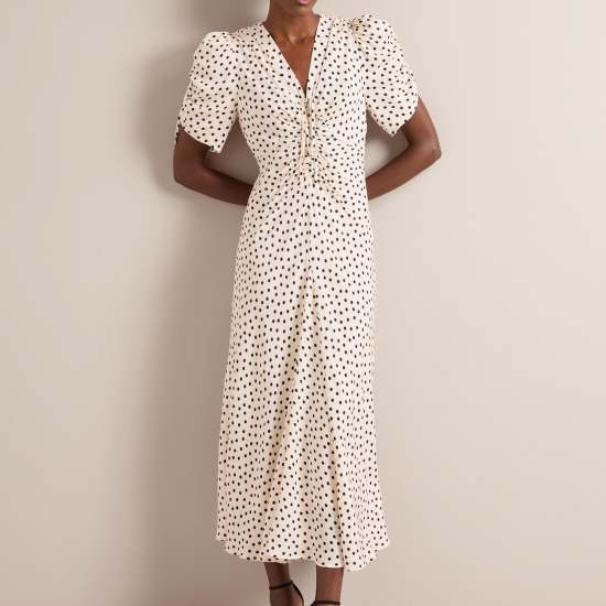 Ophelia Bias Cut Maxi Dress - Ecru Black Polka Dot Print