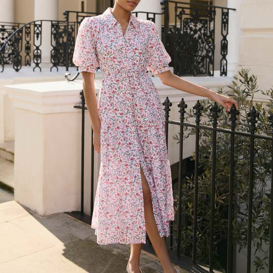 Poppy Silk Blend Maxi Dress - Red Trailing Feather Print