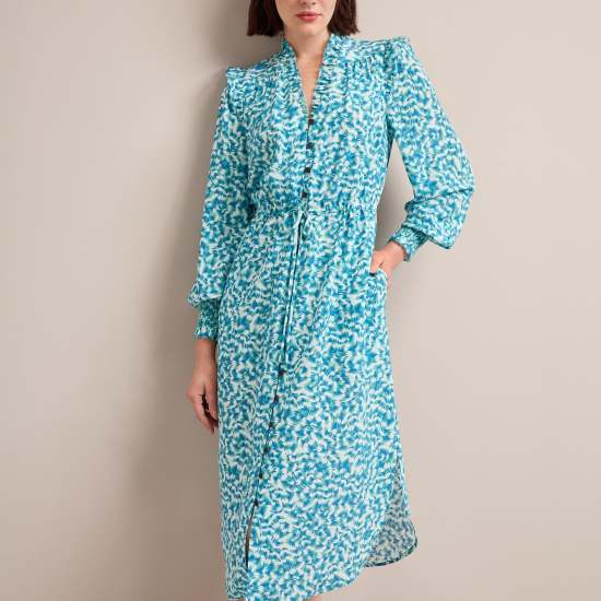 Stella Silk Midi Dress - Blue Green Feather Print