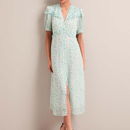 Viola Gold Metallic Fil Coupé Midi Dress - Green Yellow Trailing Feather Print