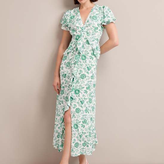 Vivienne Cotton Blend Maxi Dress - Green Palm Floral Print